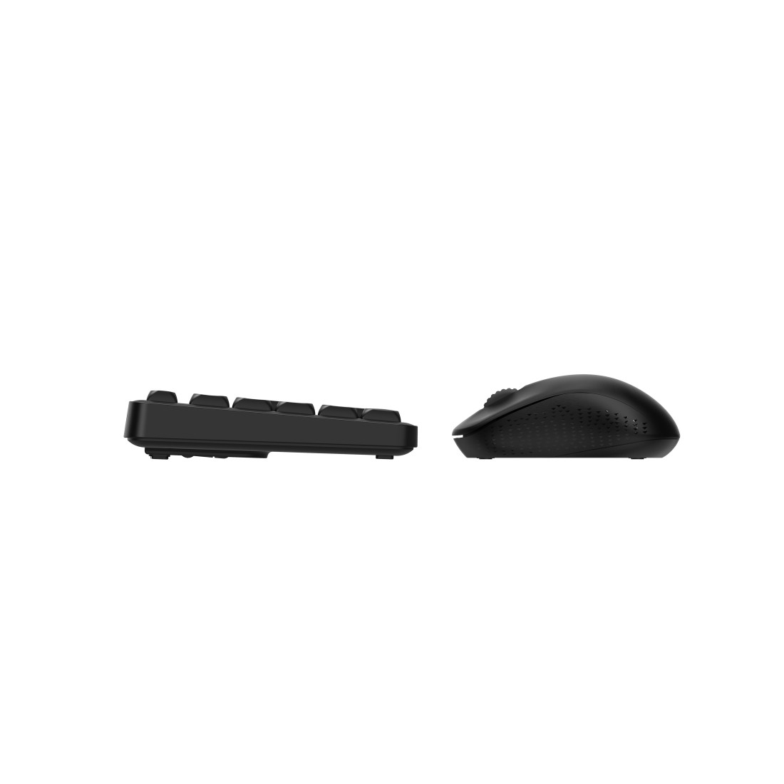 Schwarze Tastatur und Maus auf weißem Hintergrund, Seitenansicht. Klare Linien und schlichtes Design.