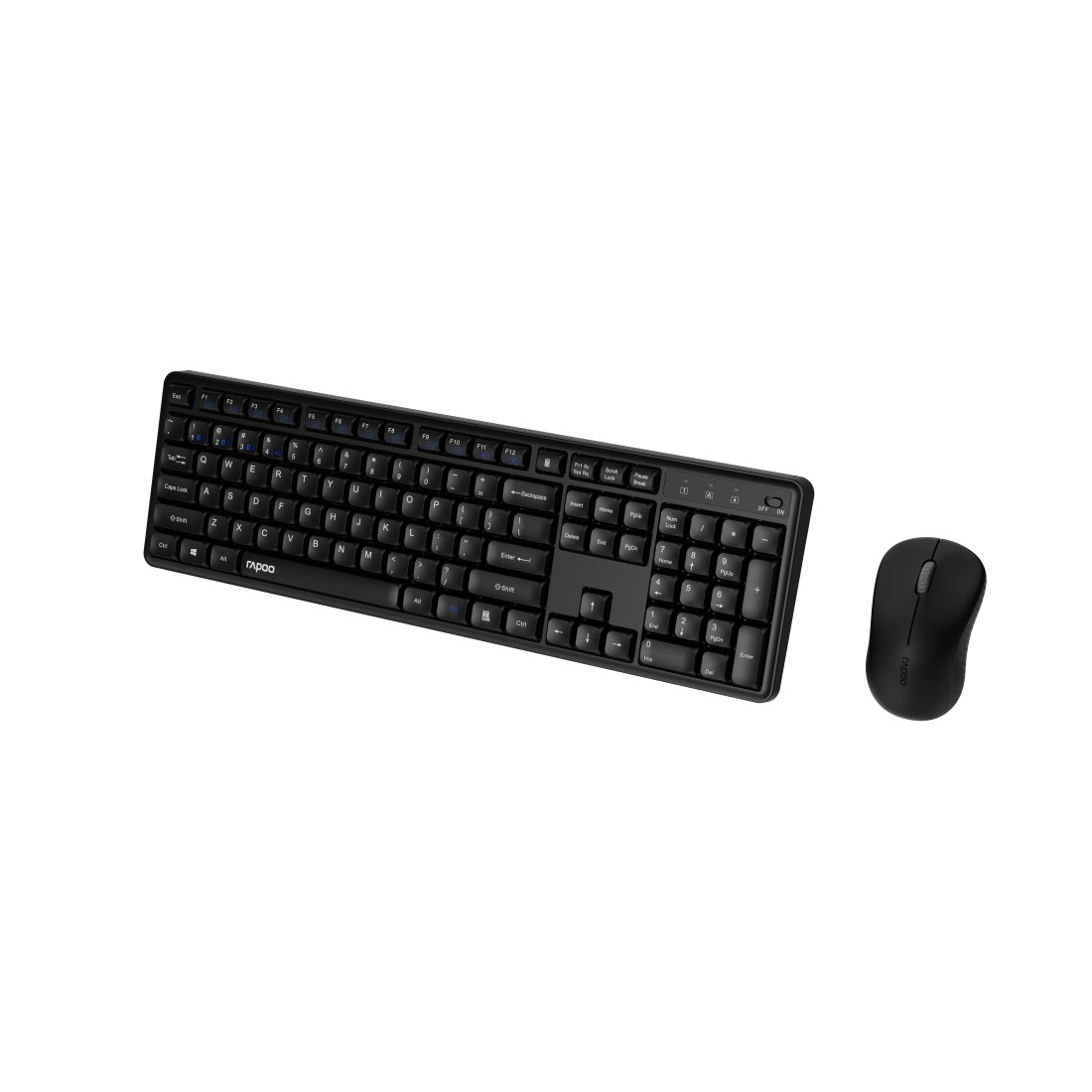 Ein schwarzes Tastatur- und Maus-Set auf weißem Hintergrund.