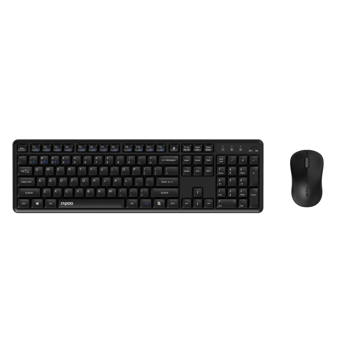 Schwarze Tastatur mit weißen Tasten und eine Maus auf weißem Hintergrund.