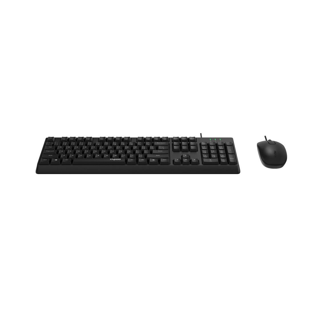 Schwarze Tastatur und Maus auf weißem Hintergrund. Die Tastatur hat ein Standardlayout.