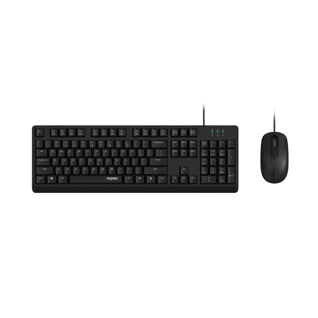 Schwarzes Tastatur- und Maus-Set auf weißer Oberfläche.