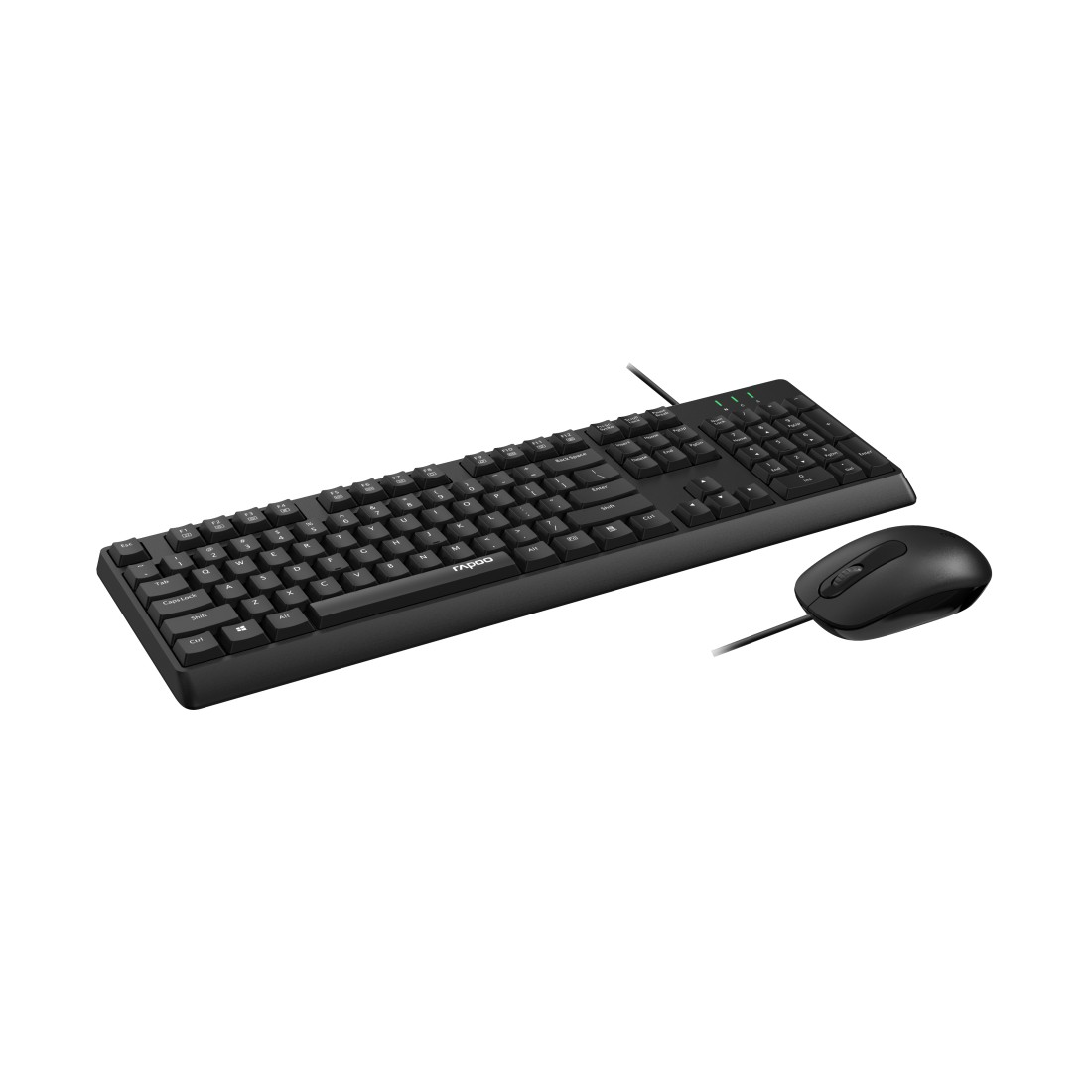 Eine schwarze Tastatur und eine schwarze Maus, beide durch ein Kabel verbunden.