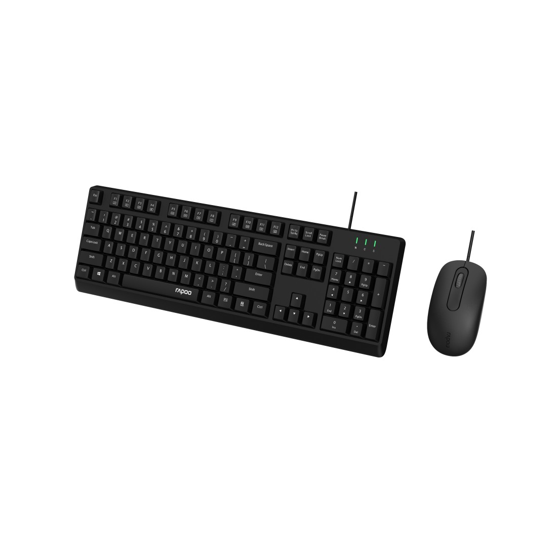 Schwarzes Computer-Tastatur- und Maus-Set auf weißem Hintergrund.