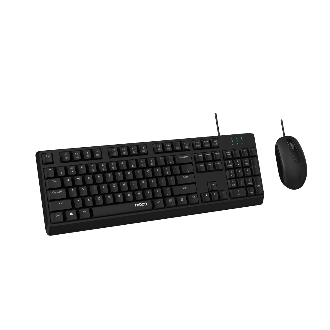 Ein schwarzes Tastatur- und Maus-Set auf weißem Hintergrund.