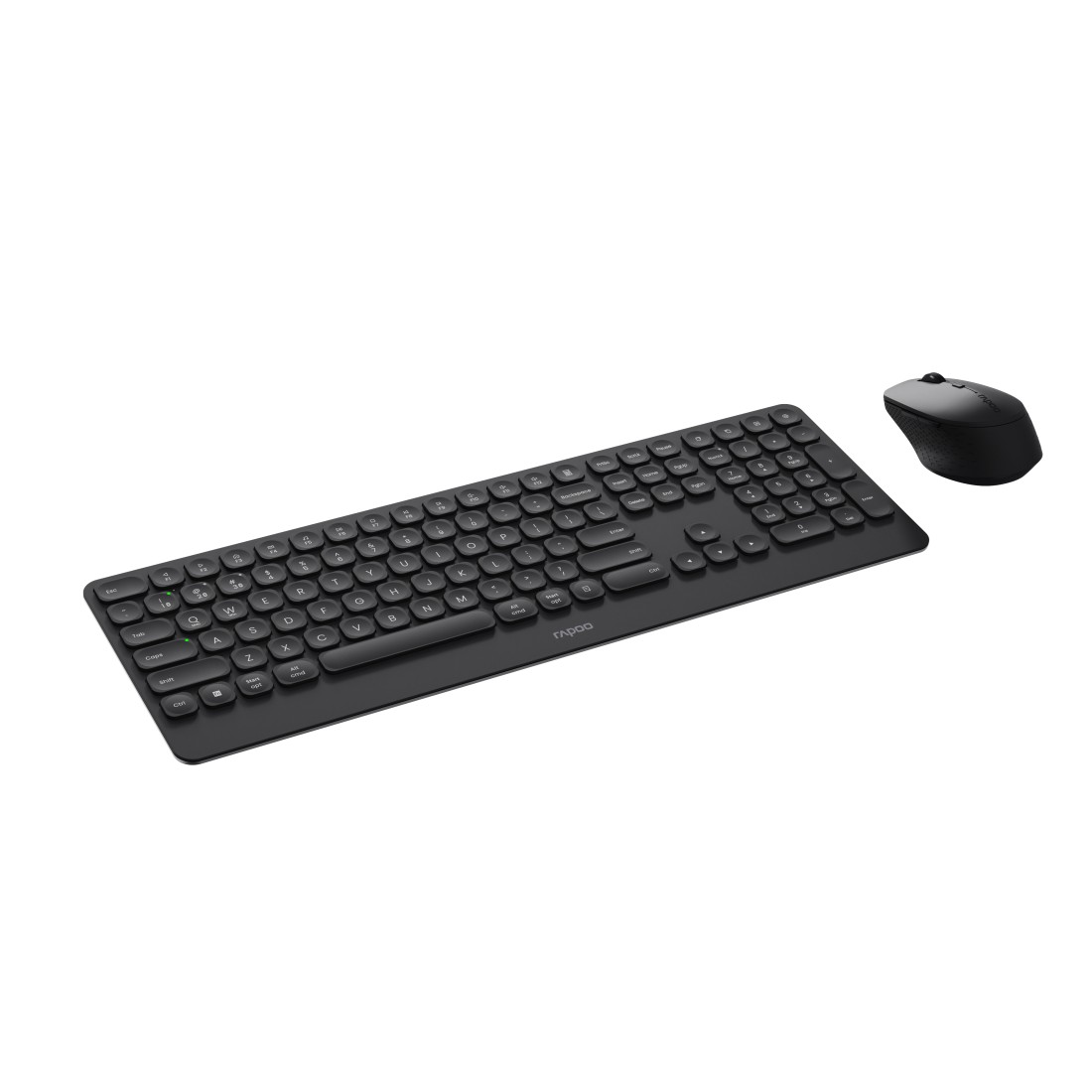 Eine schwarze Tastatur mit schwarzen Tasten und eine schwarze Maus auf weißem Hintergrund.