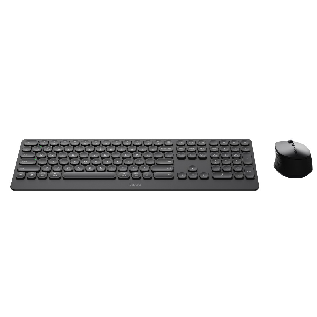 Schwarzes Tastatur- und Maus-Set. Tastatur hat viele Tasten, Maus ist rund.