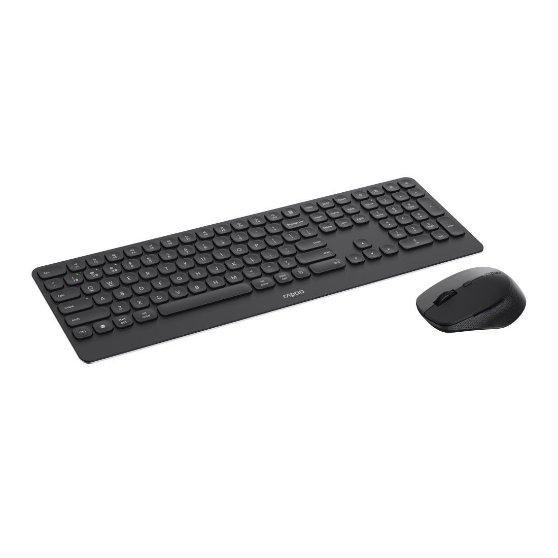Eine schwarze Tastatur und Maus-Kombination auf einer weißen Oberfläche. Die Tastatur hat ein Rapoo-Logo.