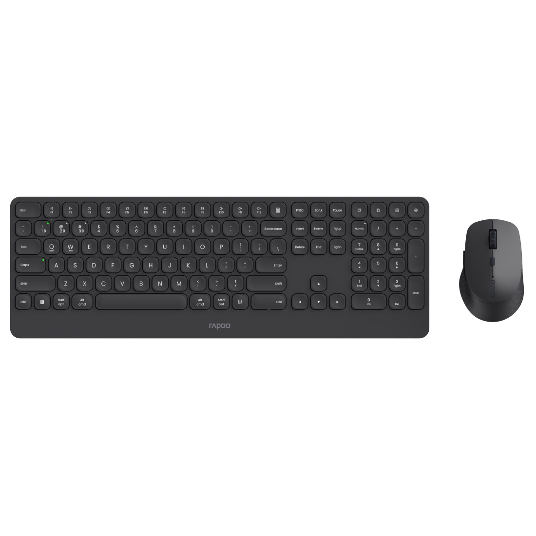 Eine schwarze Tastatur und Maus auf weißem Hintergrund, Rapoo-Logo.