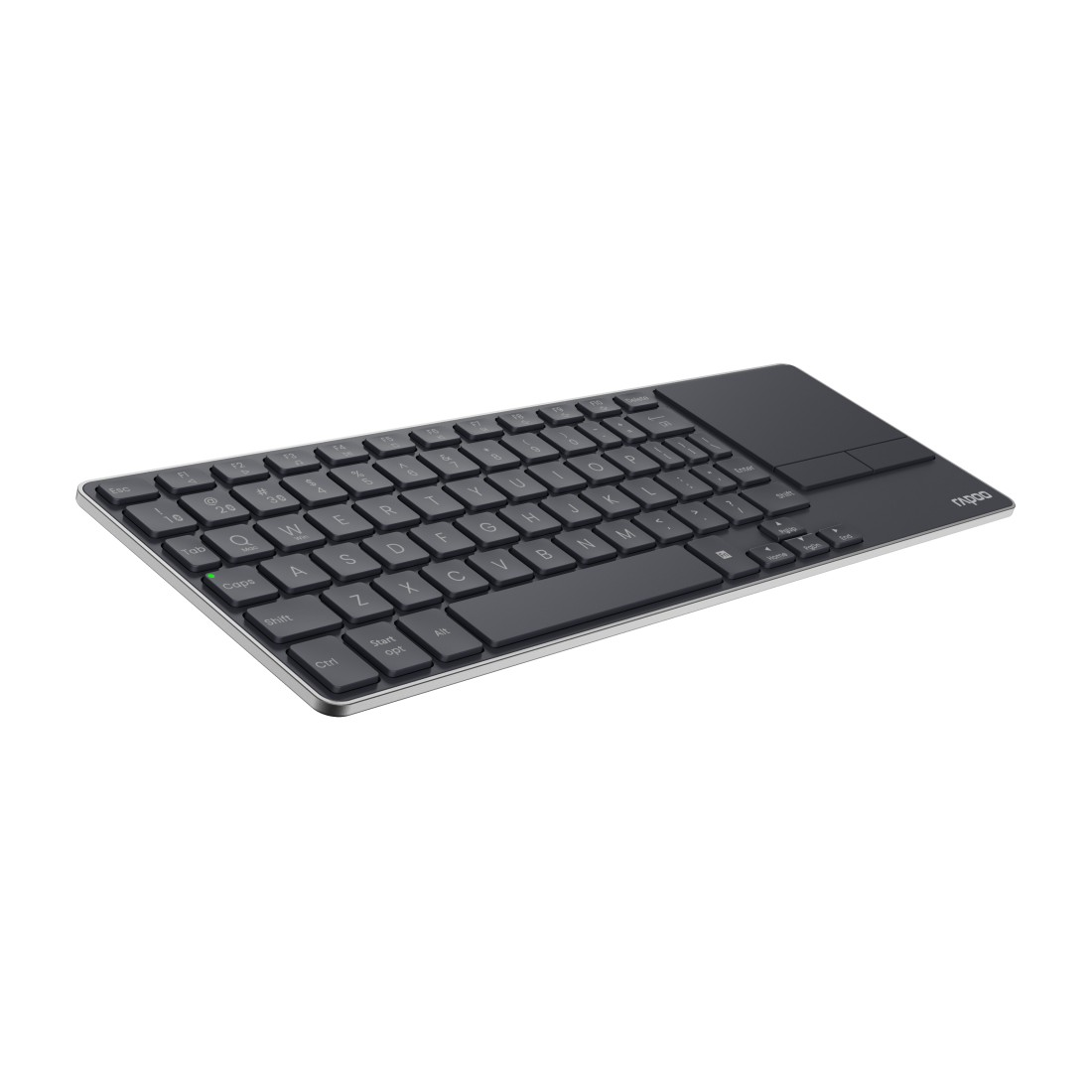 Eine silber-schwarze Tastatur mit Touchpad. Die Tasten sind schwarz mit weißen Buchstaben. Seitenansicht.