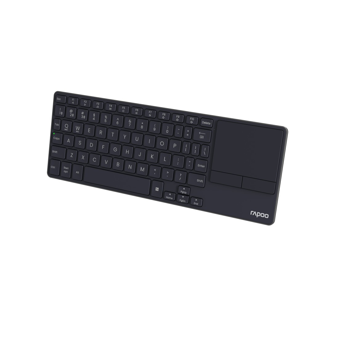 Schwarze Tastatur mit Touchpad auf weißem Hintergrund.