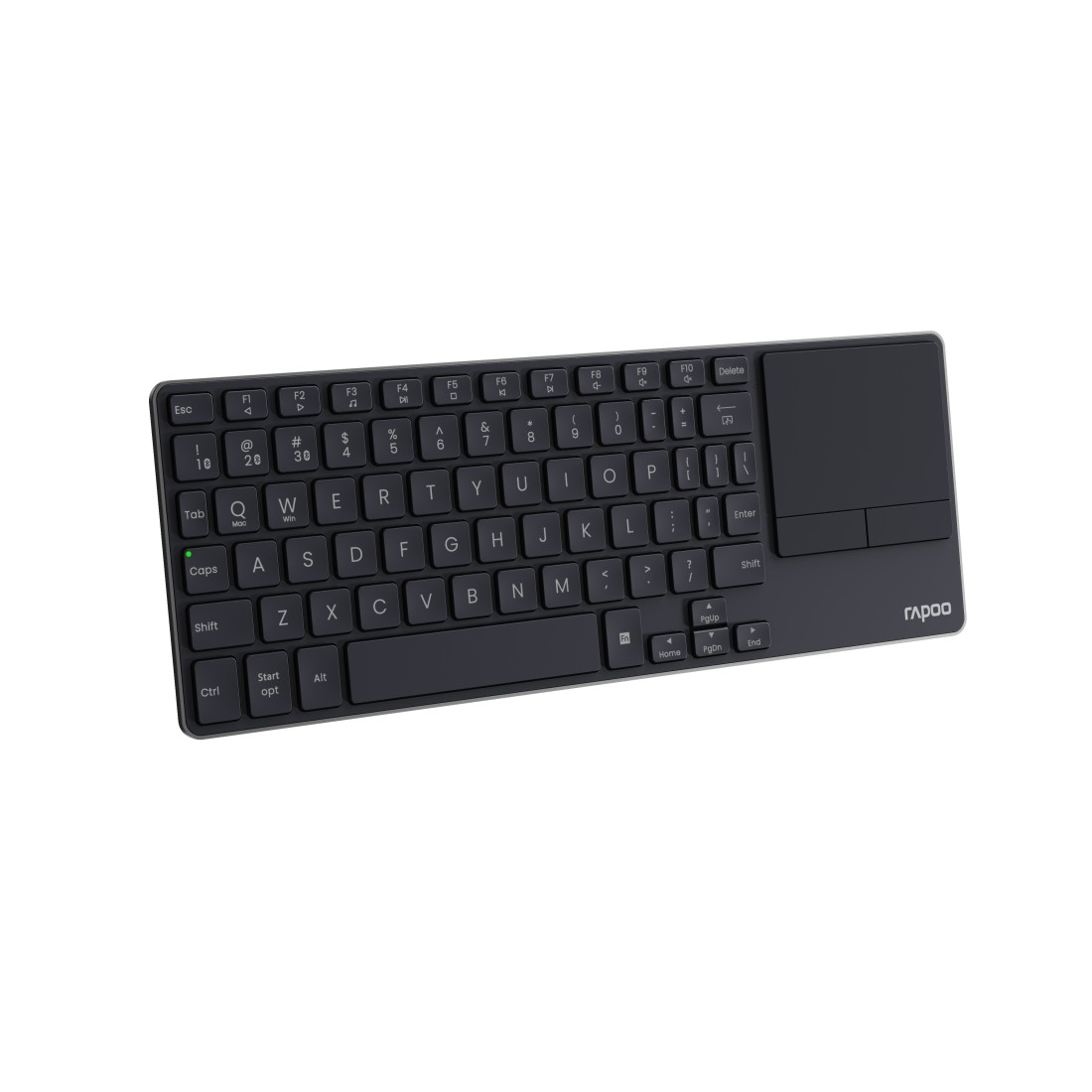 Schwarze Tastatur mit Touchpad und weißen Tasten.