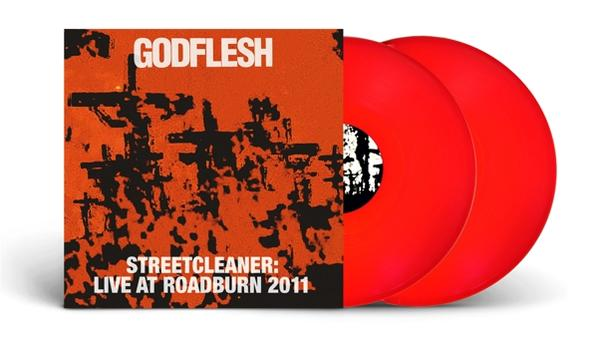A Godflesh nagylemez borítója, mellette piros bakelit lemezekkel. A borító nagyrészt narancssárga.