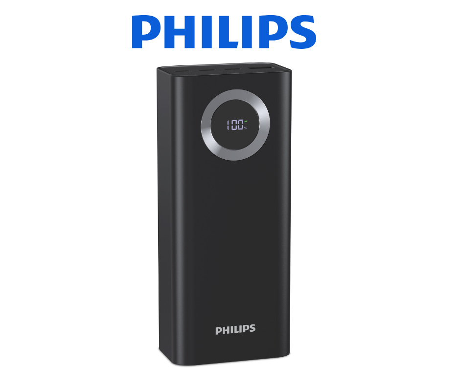 Siyah Philips powerbank, %100 şarj gösteren bir ekranla.