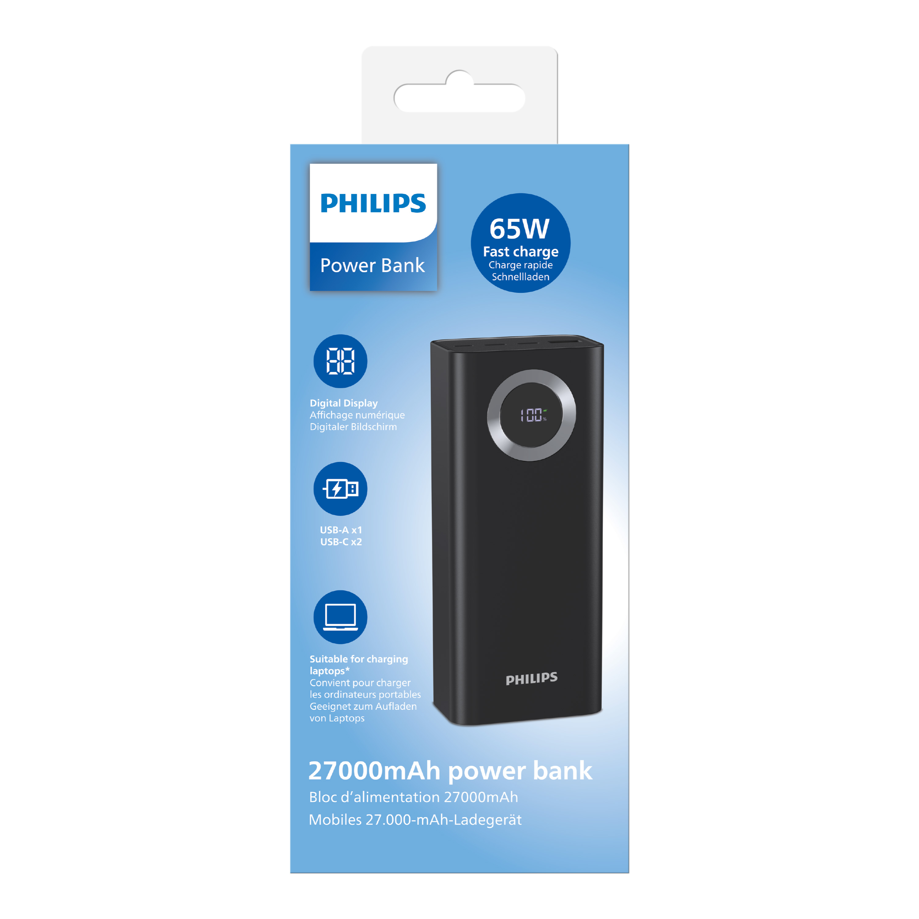 Siyah Philips power bank. Dijital ekran, USB portları ve 27000mAh kapasiteye sahiptir.