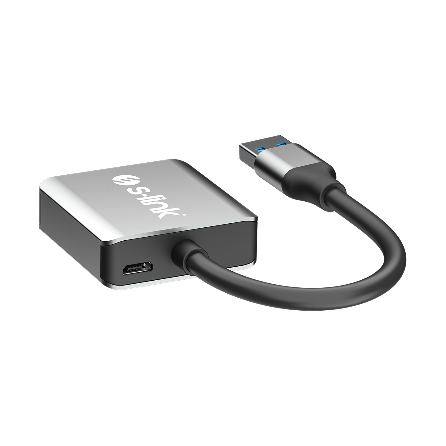 Gümüş ve siyah USB adaptörü. USB-A - USB-C. Siyah kablo.