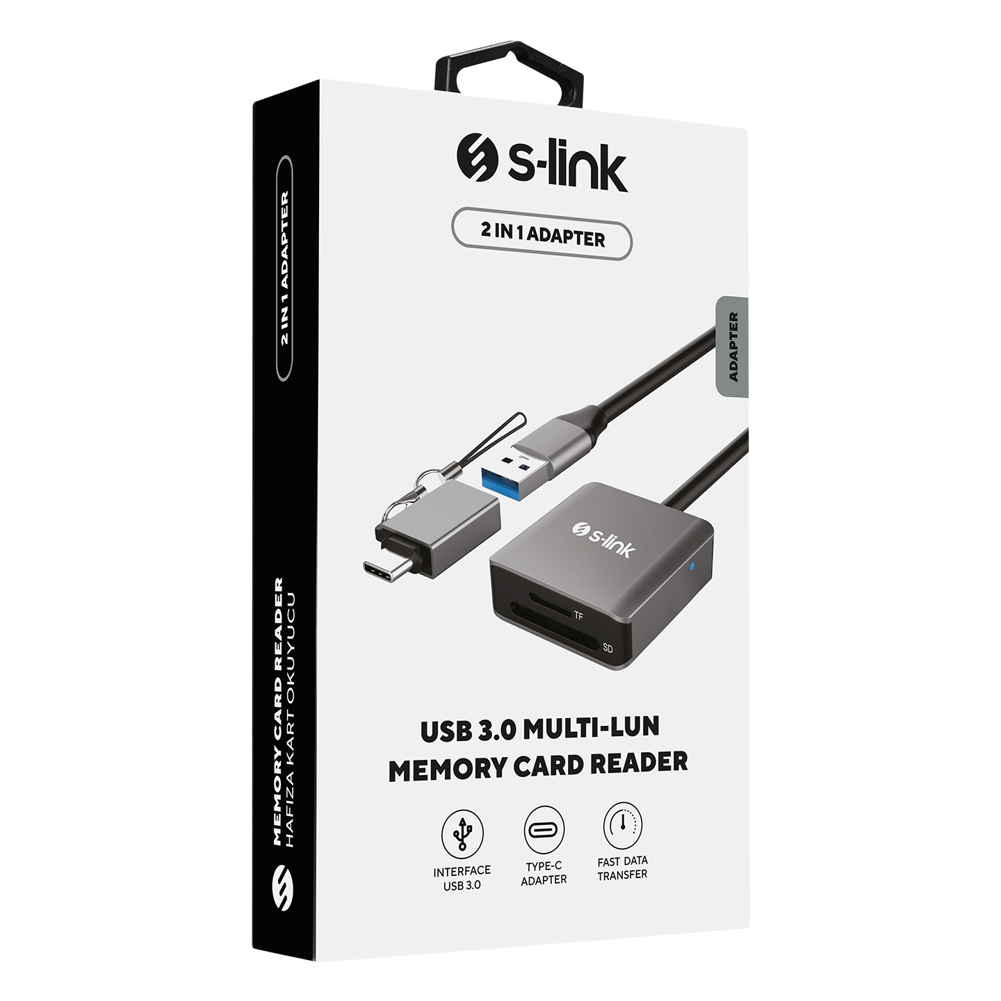 Adaptör ve okuyucu içeren kutu. Metin: USB 3.0 Multi-Lun Hafıza Kartı Okuyucu.
