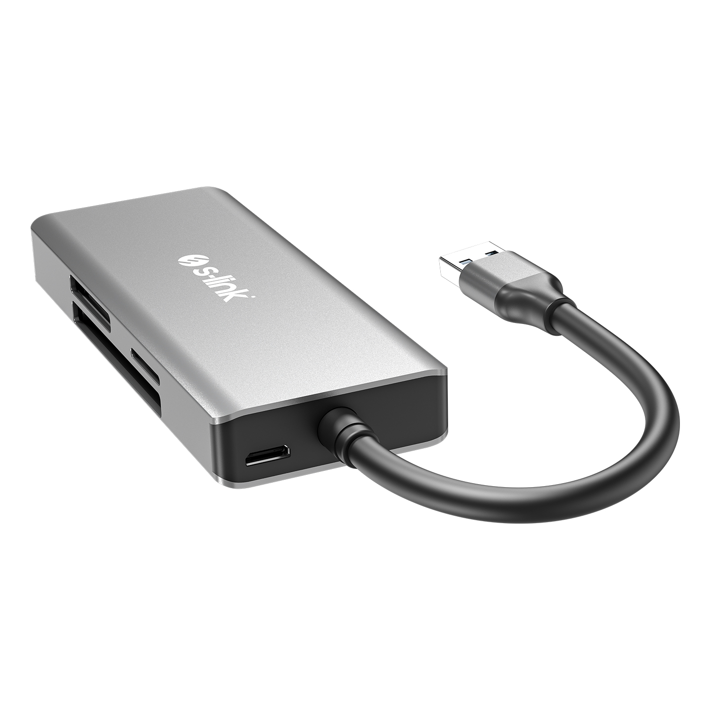Gümüş ve siyah USB hub'ı. USB-A - USB-C. Siyah kablo.