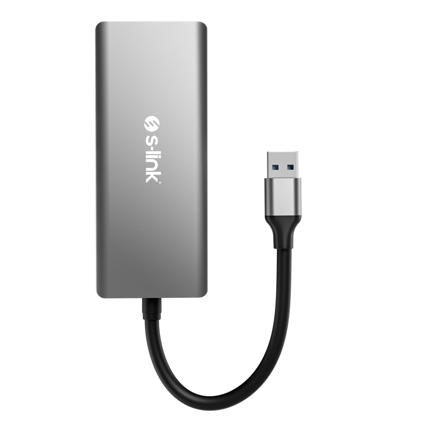 Siyah kablolu gümüş USB-C hub ve beyaz arka plan, s-link logosu.