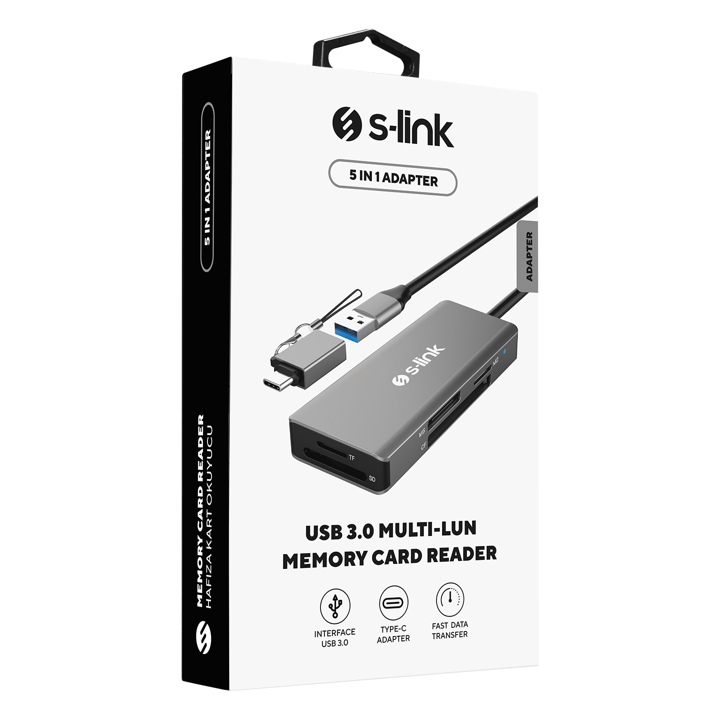 USB 3.0 çoklu kart okuyucu kutusu. Kutu, okuyucuyu ve aksesuarları gösterir.