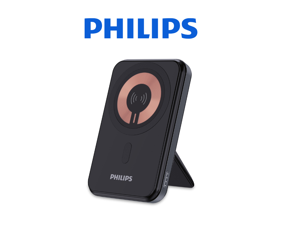 Üstünde bakır bir daire bulunan siyah kablosuz şarj cihazı. Üstte Philips marka adı. Beyaz arka plan.