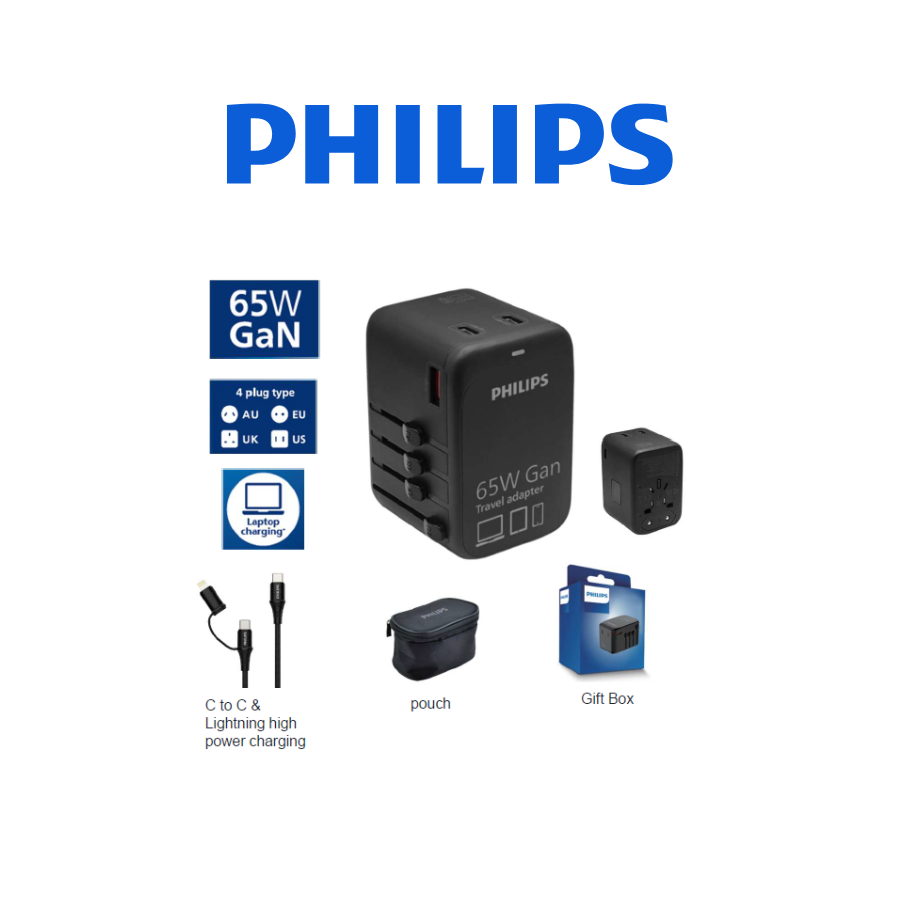Çeşitli fişler, kablolar ve küçük bir kese içeren Philips seyahat adaptörü.