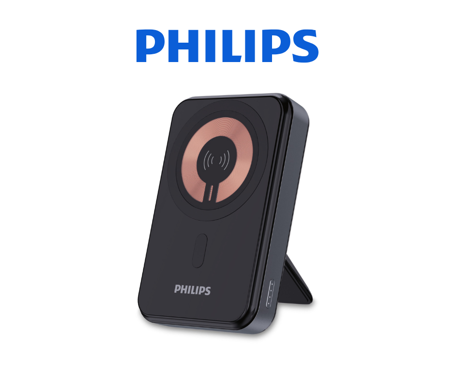 Telefon standı ve bakır şarj çemberi olan siyah Philips kablosuz şarj cihazı.