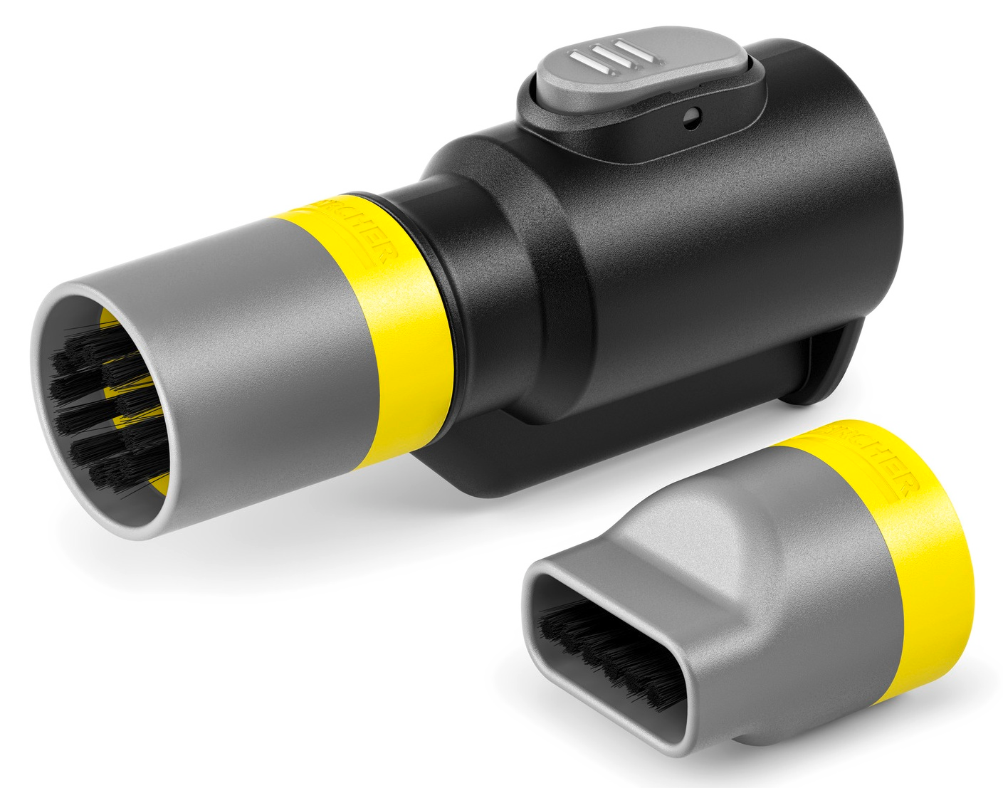 Końcówka do odkurzacza z dwiema dyszami, szara i żółta. Czarny korpus, żółte akcenty. Logo Kärcher.