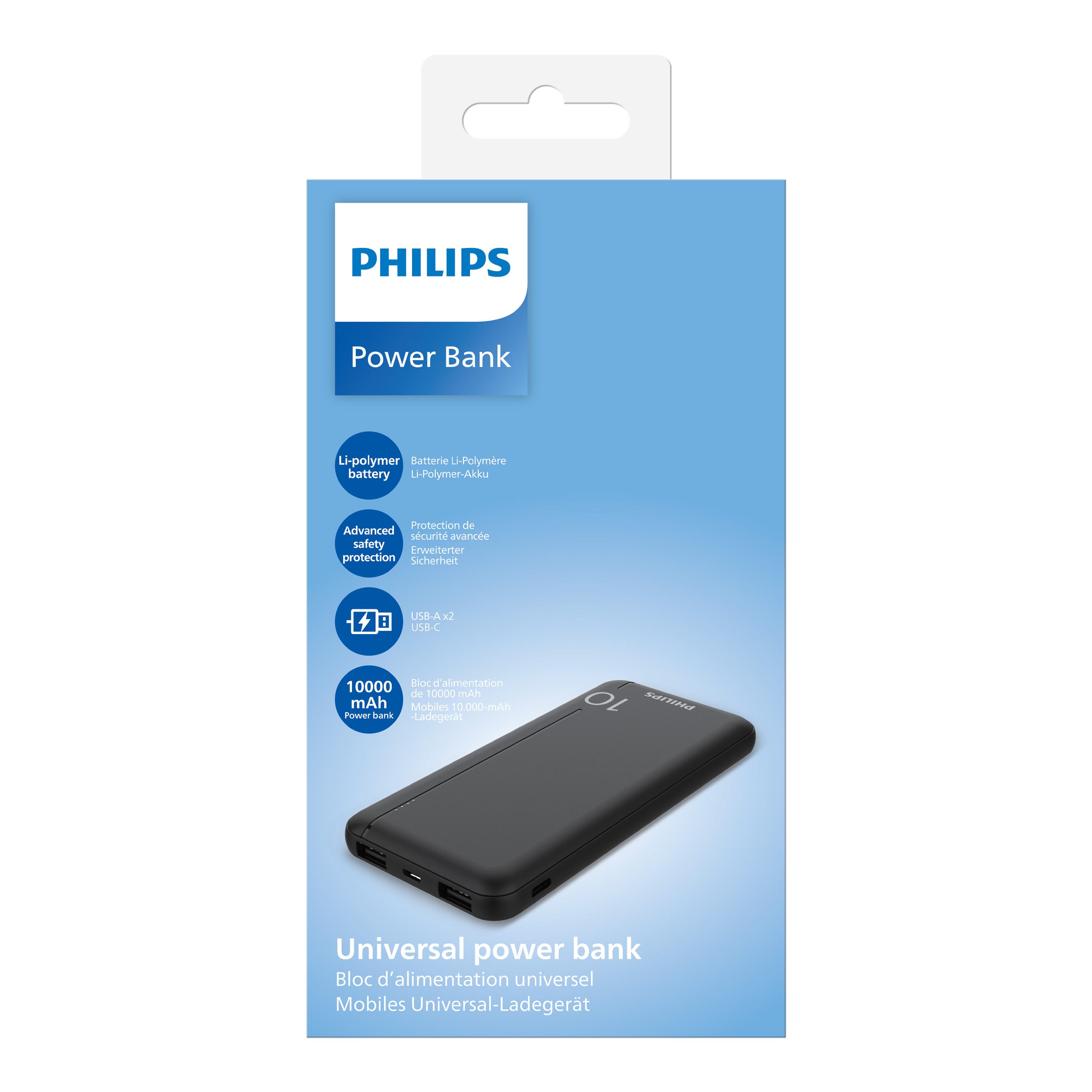 Philips powerbank ambalajı. Siyah bir powerbank, ürün detayları ve marka logosu içerir. Arka plan mavidir.