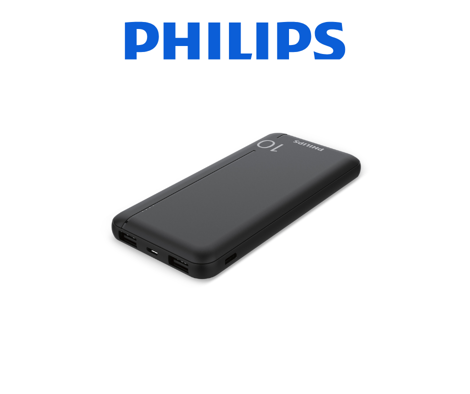 Beyaz zemin üzerinde siyah bir Philips powerbank. Marka adı PHILIPS, üst kısımda mavi renkte.