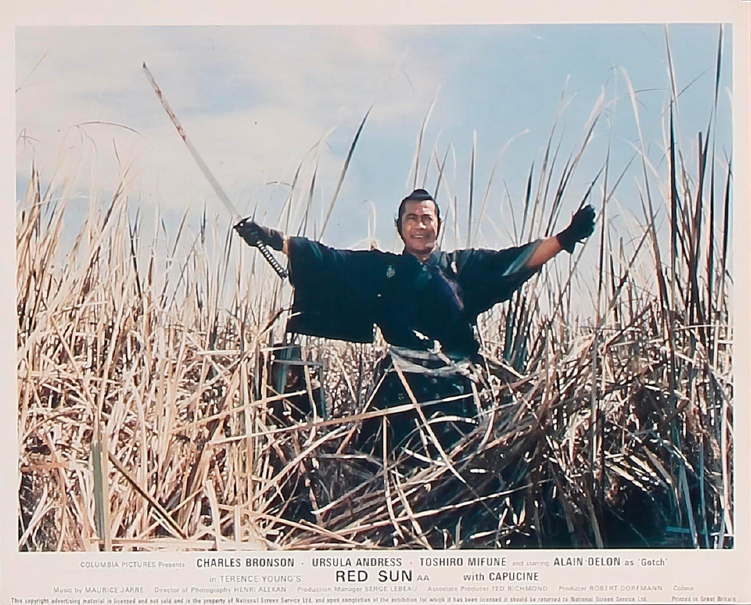 Mann in traditioneller japanischer Kleidung hält ein Schwert in einem Feld aus hohem, trockenem Gras.
