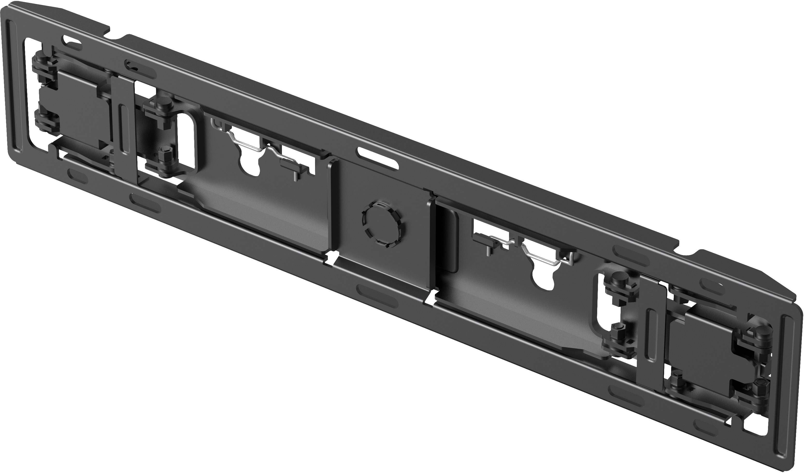 Ein schwarzes TV-Halterungsteil aus Metall, schräg gesehen. Weißer Hintergrund. Löcher, Schlitze und Metallmerkmale.