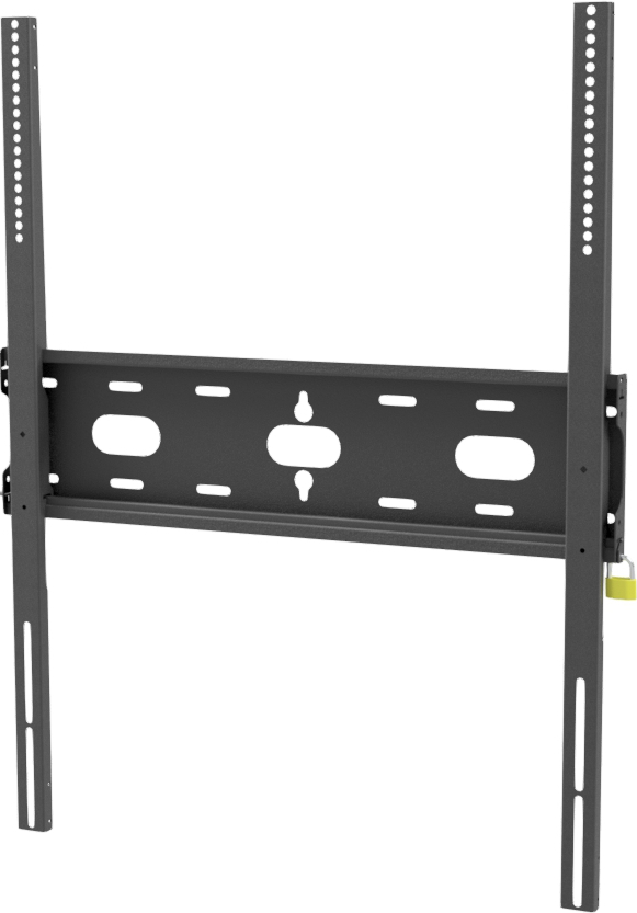 Schwarze TV-Halterung zur Wandmontage, mit Montageschienen.