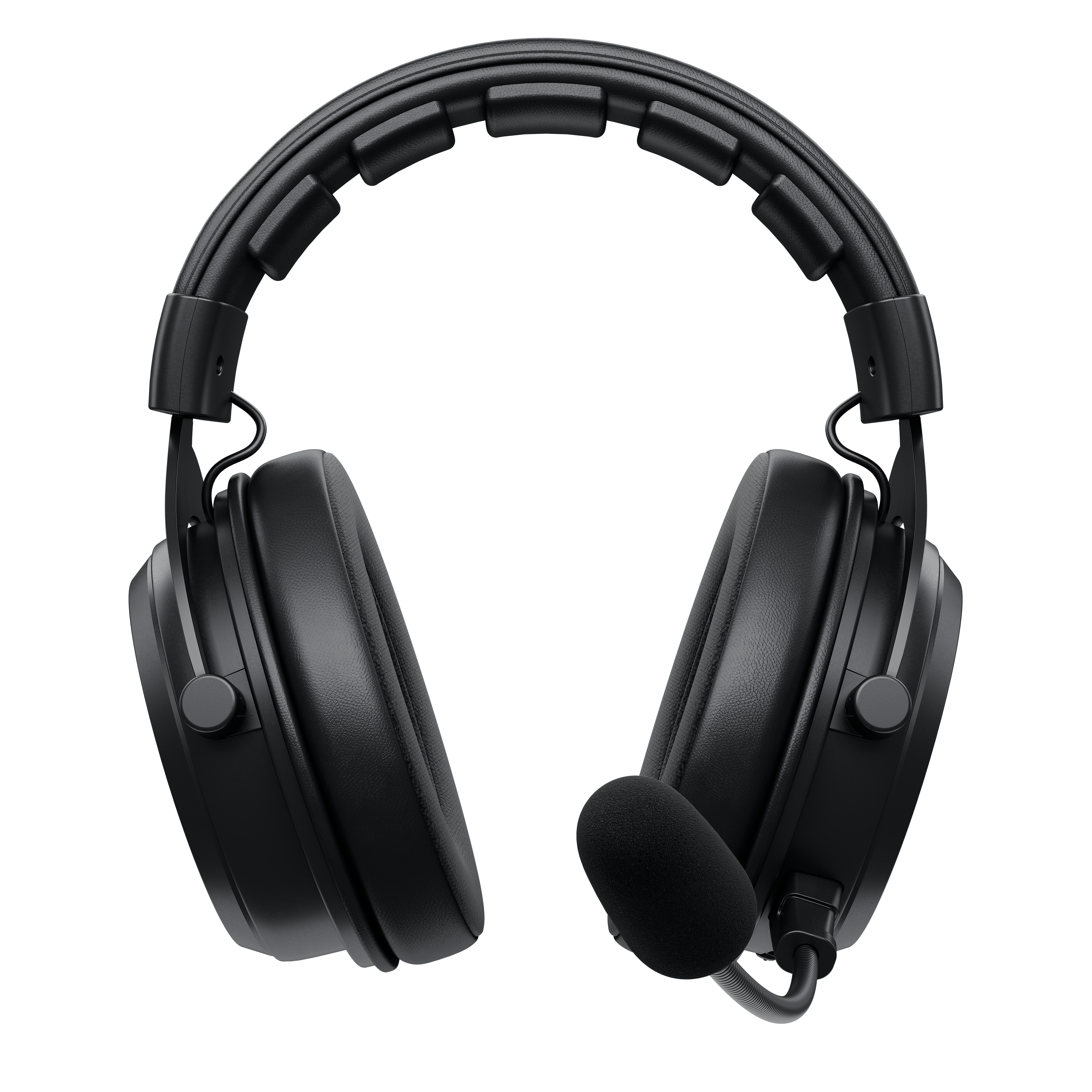 Schwarze Over-Ear-Kopfhörer mit Mikrofon. Die Kopfhörer sind auf weißem Hintergrund.