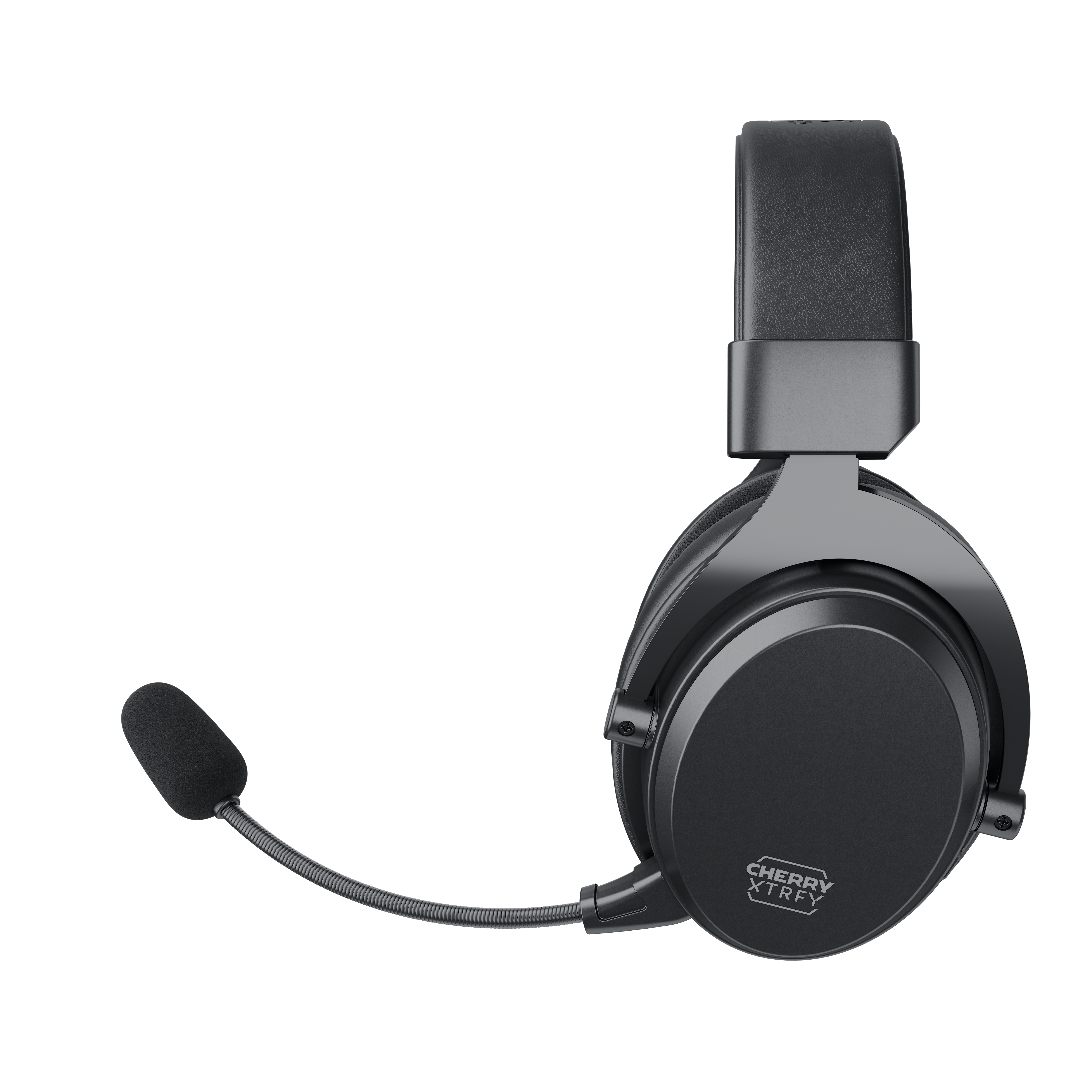 Schwarzes Gaming-Headset mit Mikrofon, Vorderansicht, auf weißem Hintergrund.
