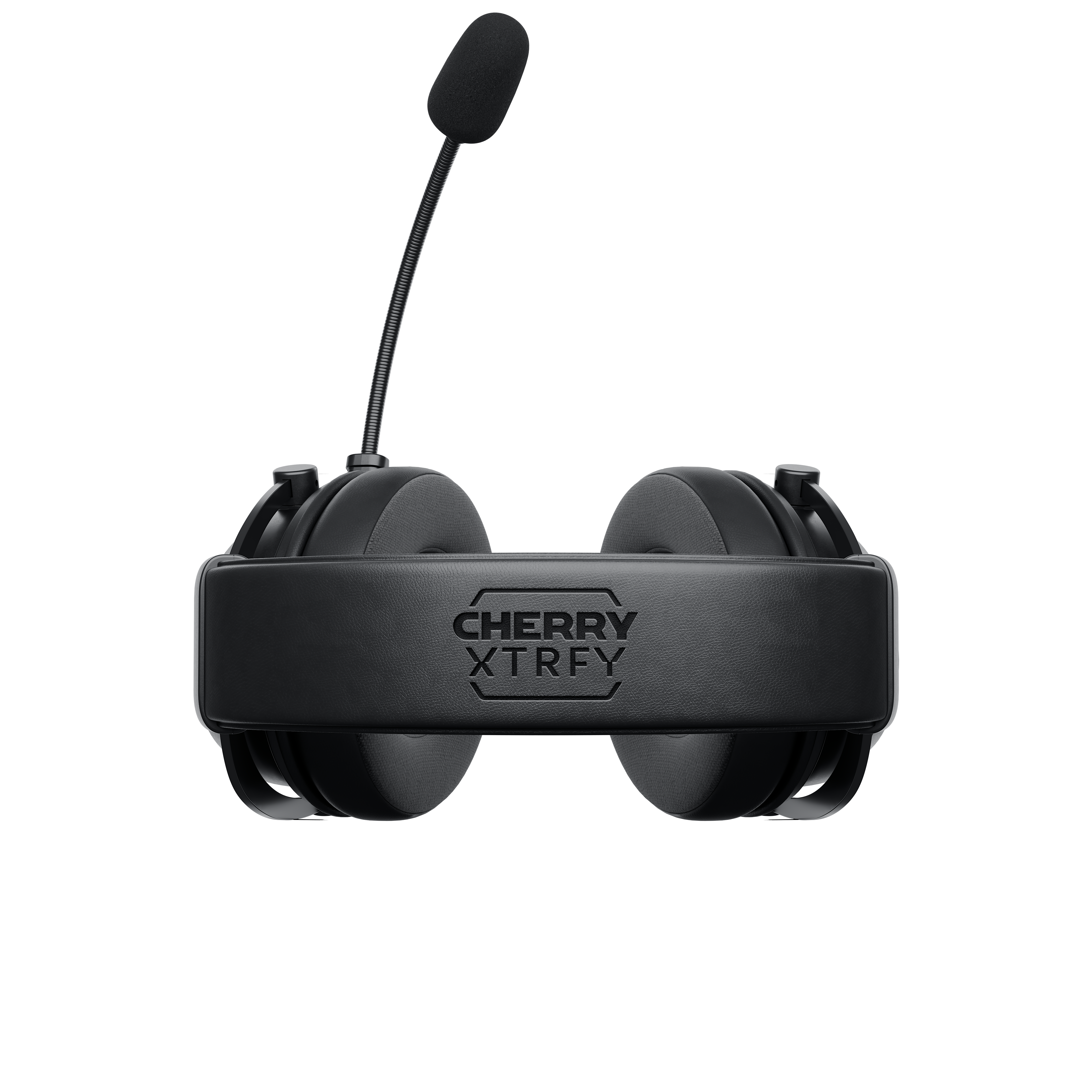 Schwarzes Gaming-Headset mit Mikrofon auf weißem Hintergrund.