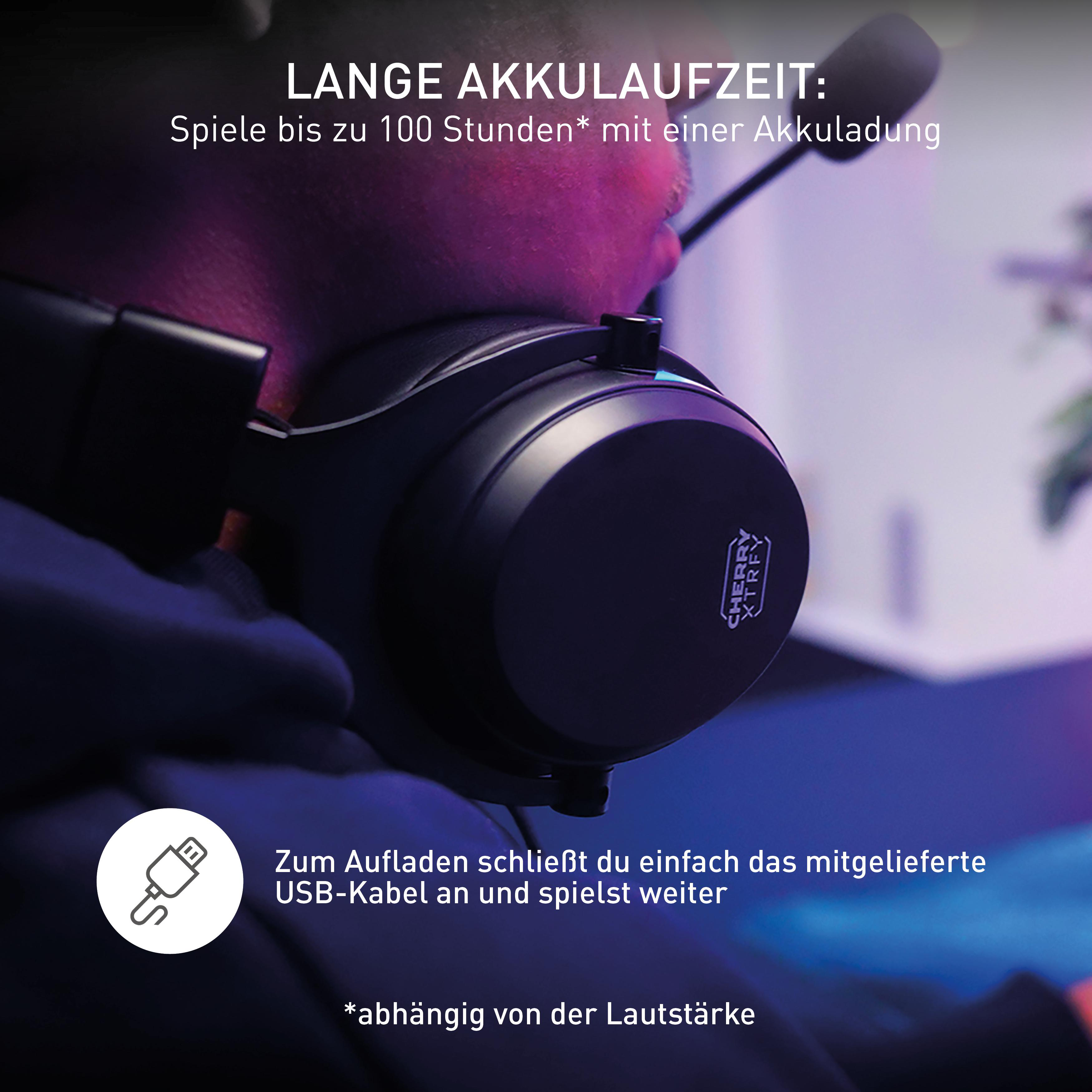 Schwarzes Headset mit Cherry STRYFE Logo und USB.