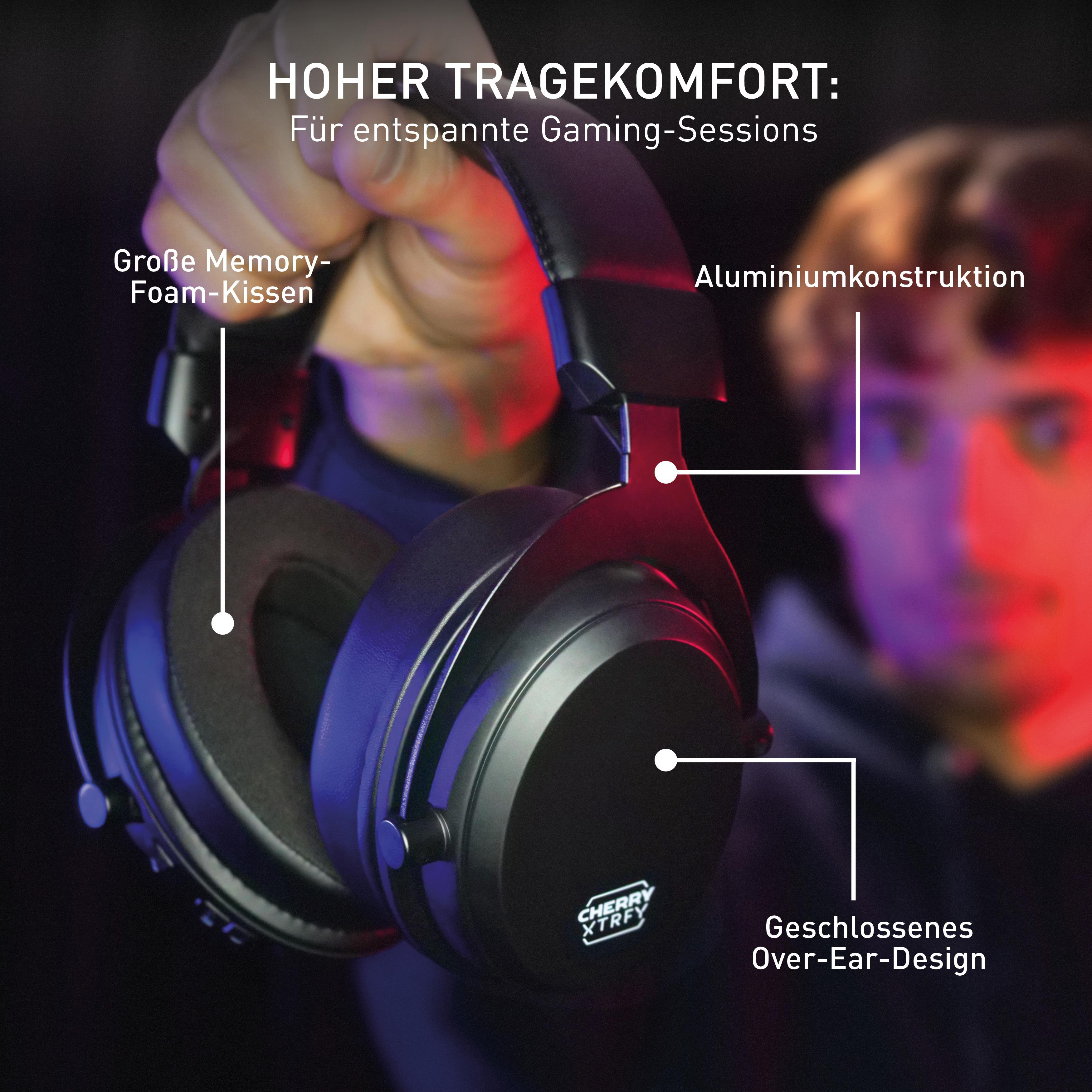 Nahaufnahme eines schwarzen Gaming-Headsets mit Beschriftungen, auf dunklem Hintergrund.