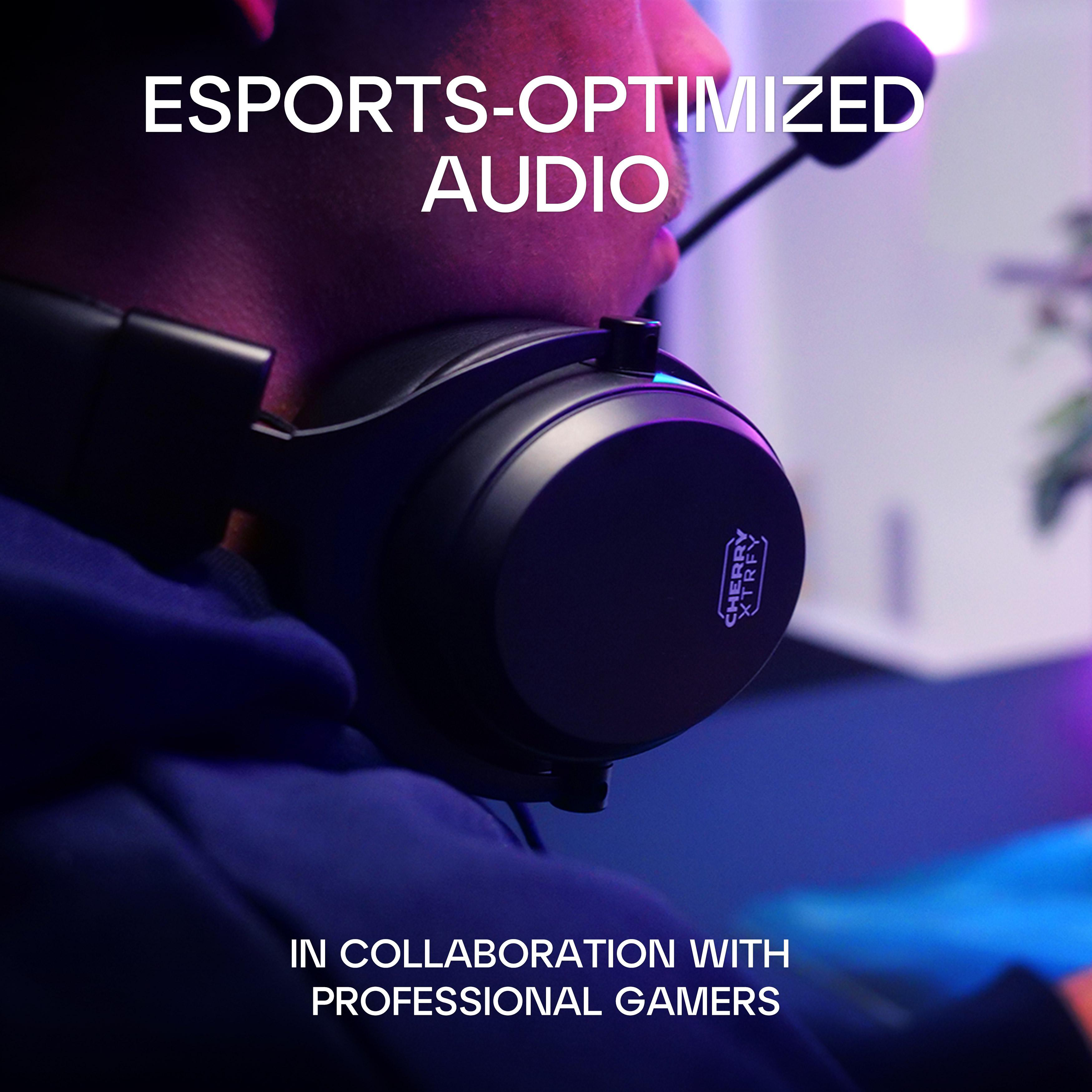 Person mit Headset und Mikrofon, wirbt für eSports-optimierten Sound.