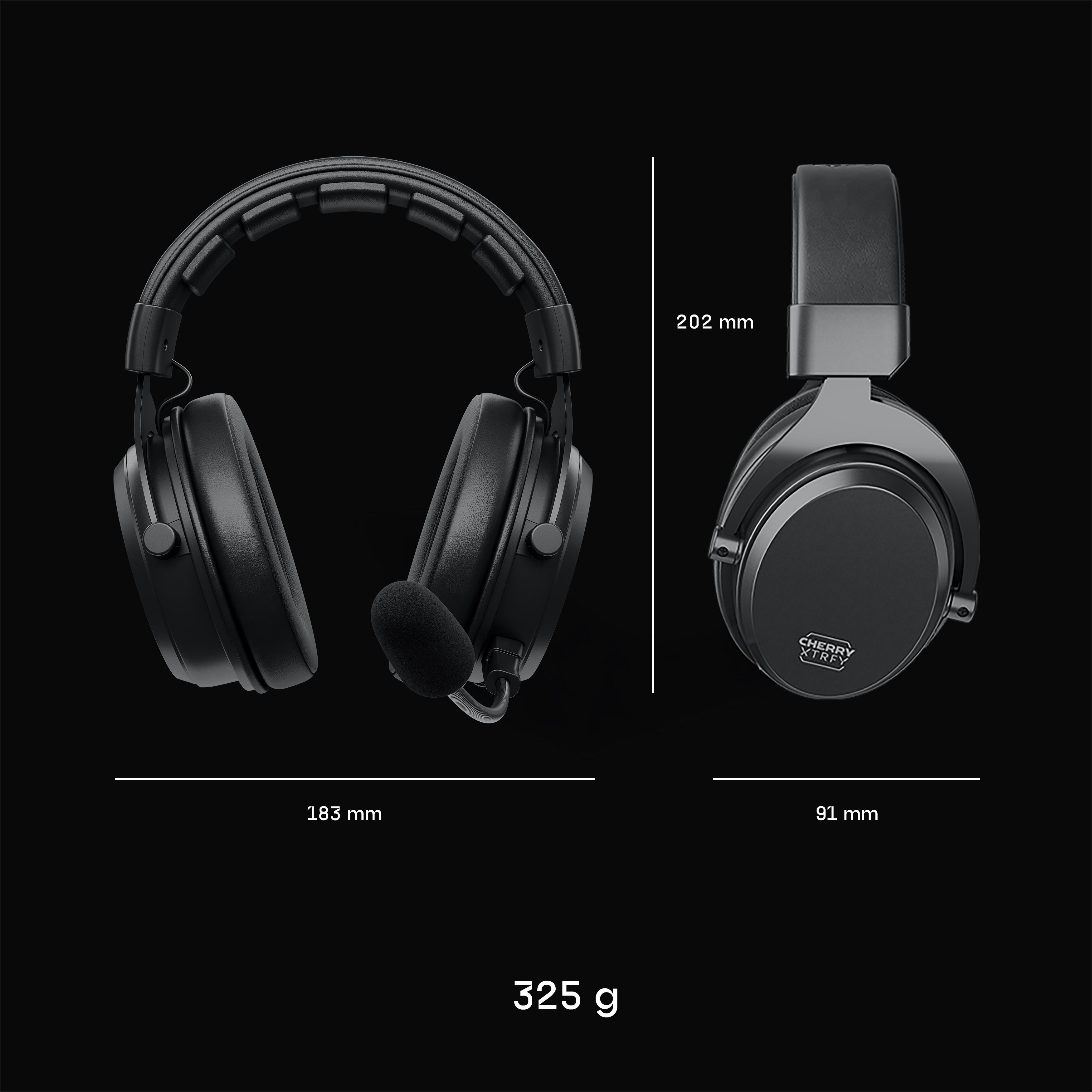 Abmessungen des Gaming-Headsets mit Messungen und Text auf schwarzer Oberfläche.