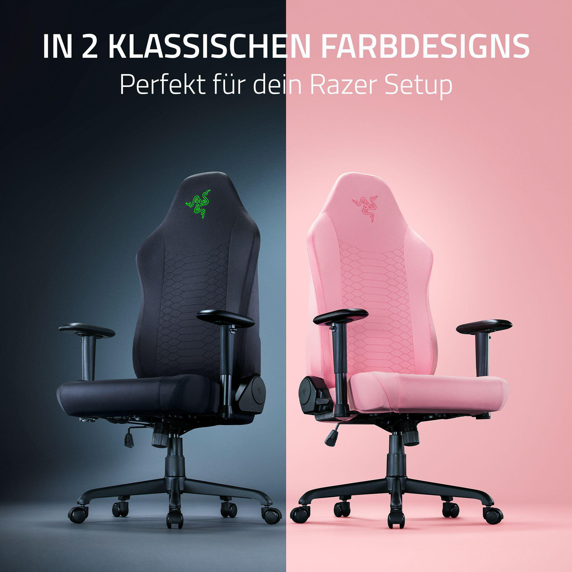 Zwei Gaming-Stühle, einer schwarz und einer rosa, mit Razer-Logos, vor farbigen Hintergründen.