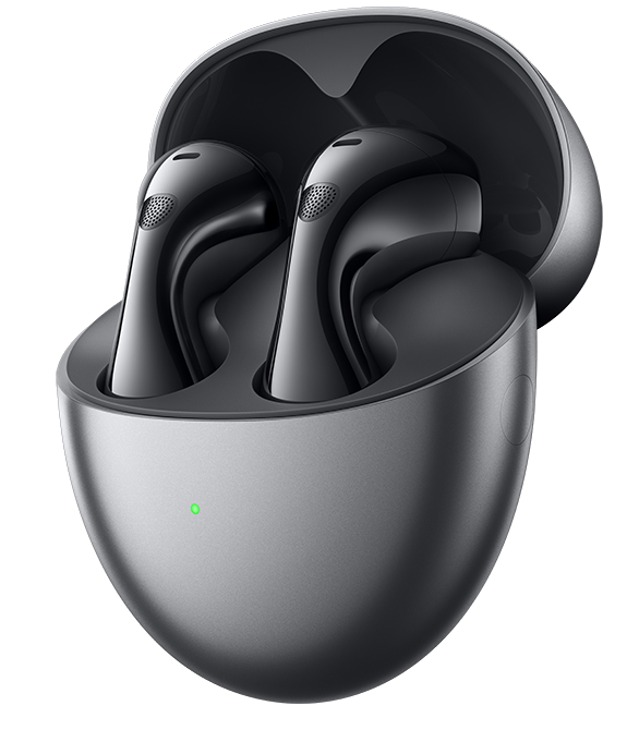 Czarne bezprzewodowe słuchawki w srebrnym etui ładującym. Widoczne zielone światło.