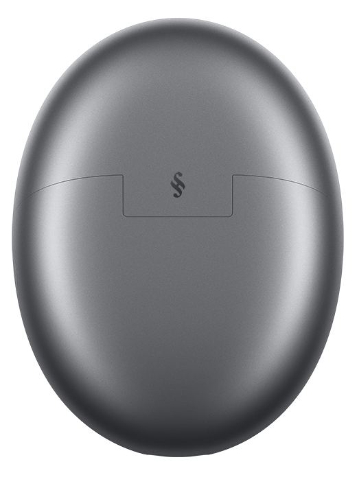 Zamknięte, srebrne, owalne etui ładujące z symbolem na górze.