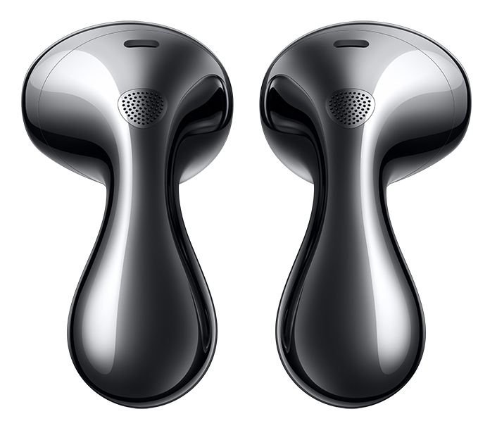 Dwa srebrne słuchawki z etykietami prawy i lewy.