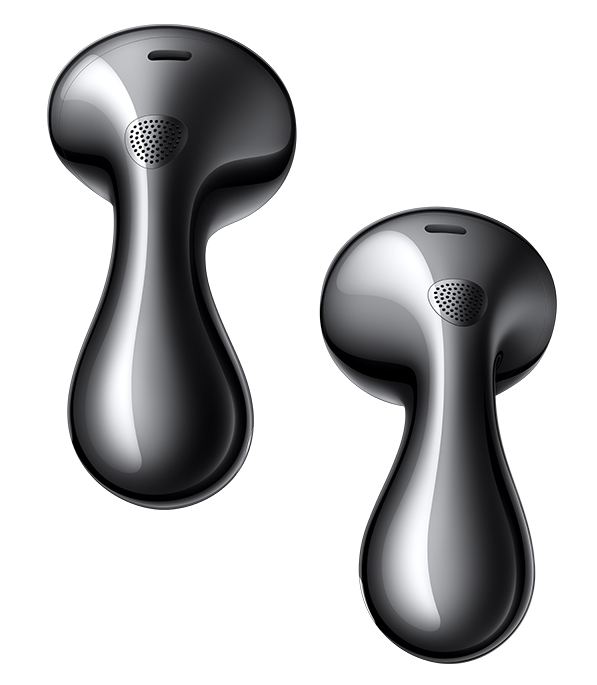 Dwa czarne słuchawki o unikalnym wzornictwie na białym tle.