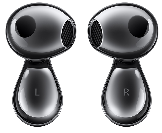 Dwa srebrne słuchawki z oznaczeniami 'L' i 'R' na białym tle.
