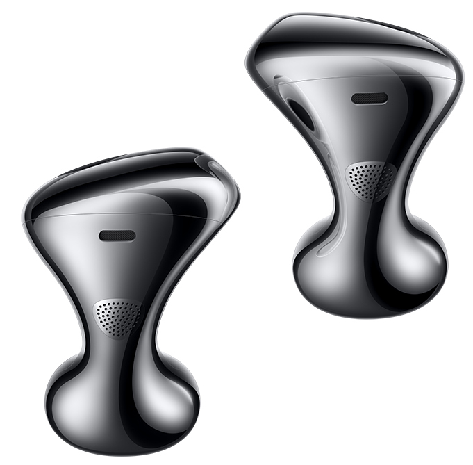 Dwa srebrne słuchawki o unikalnym wzornictwie na białym tle.