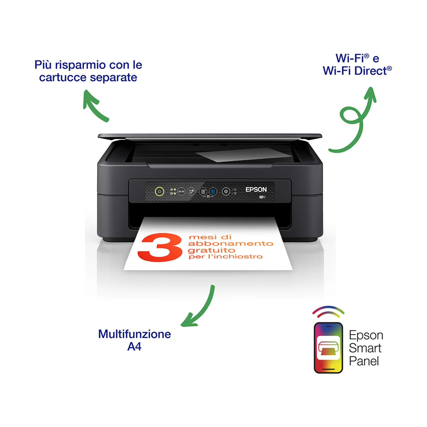 Stampante nera con frecce che indicano le funzioni: cartucce separate, Wi-Fi e multifunzione A4.