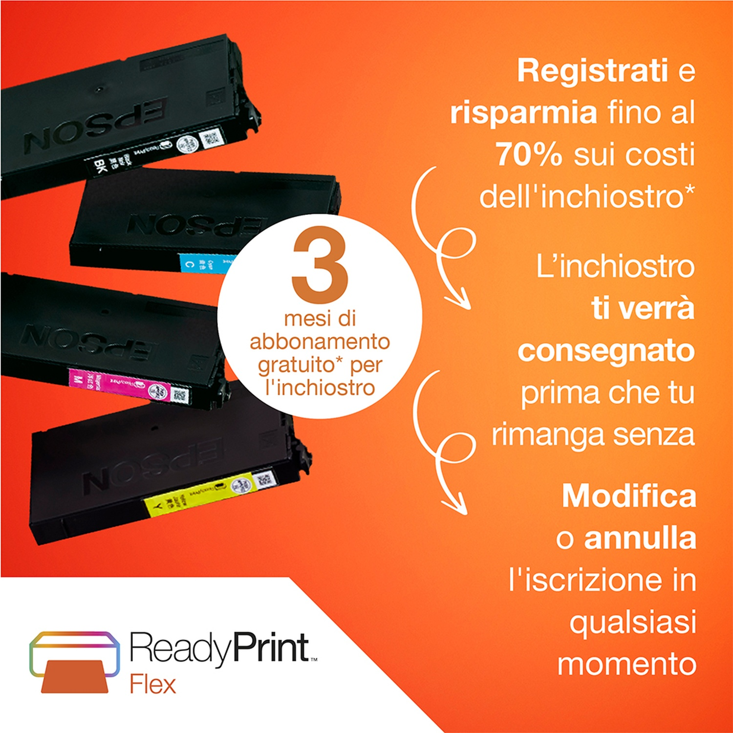 Una pubblicità che mostra cartucce d'inchiostro Epson e una promozione di 3 mesi di inchiostro gratuito.