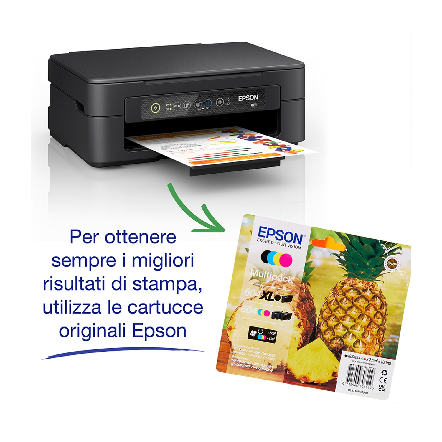 Stampante Epson nera e cartucce d'inchiostro con un'illustrazione di ananas.