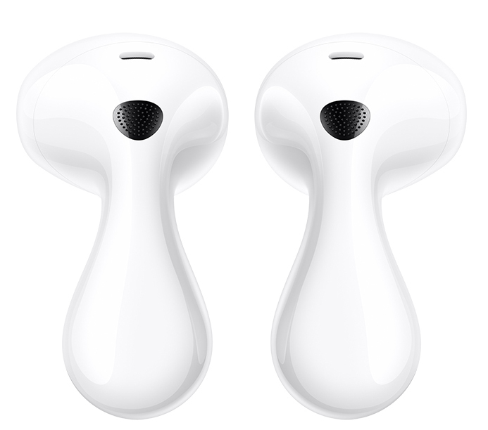 Dwa białe słuchawki douszne, zbliżenie, białe tło.